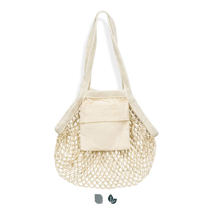 Cotton Mesh Foldaway Tote Bag - Small - A small, cream cotton mesh tote bag with a solid pocket and straps for carrying.