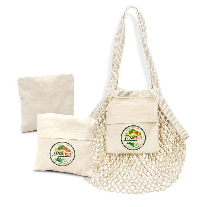 Cotton Mesh Foldaway Tote Bag - Small - A small, cream-coloured cotton mesh tote bag with a foldaway design and a logo, accompanied by a compact storage pouch.