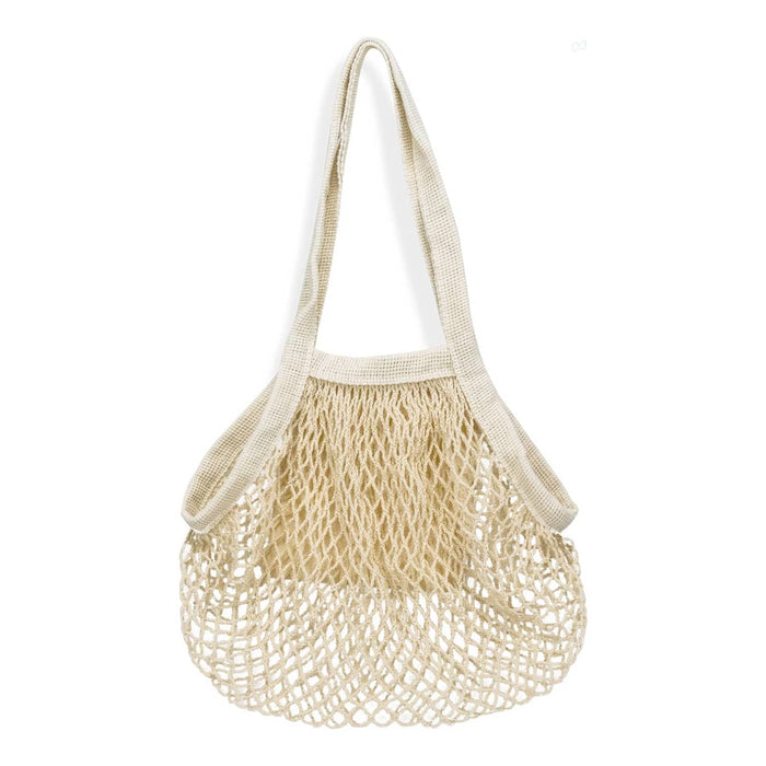 Cotton Mesh Foldaway Tote Bag - Small - A small cotton mesh tote bag in a natural beige colour, featuring a woven design and a single shoulder strap.