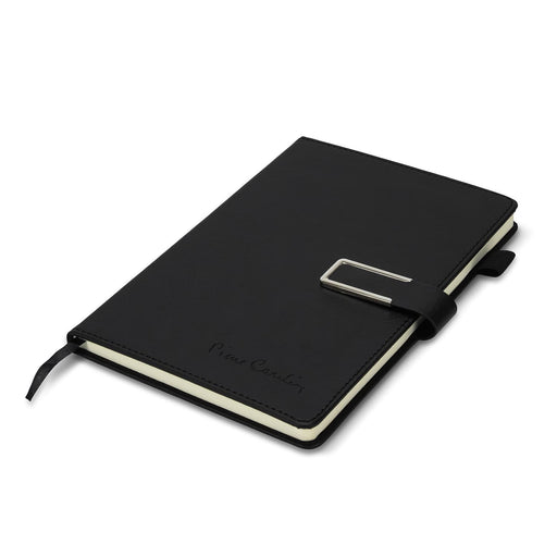 Pierre Cardin Fontaine Weekly Diary - 2027 - A black diary with a sleek cover and a metallic clasp, featuring an interior with cream pages and a logo.