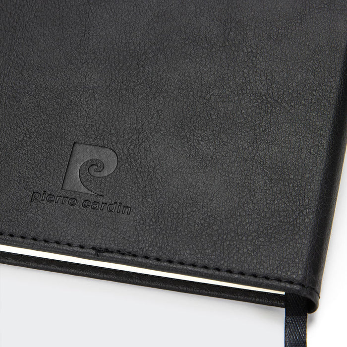 Pierre Cardin Fontaine Weekly Diary - 2027 - A black diary with a textured cover and a logo embossed on the front. It has a ribbon bookmark.