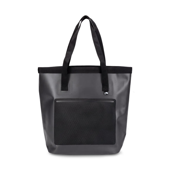 Frontier Bucket Bag - A grey bucket bag with black straps and a front mesh pocket, featuring a logo.