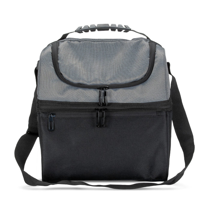 Trades Lunch Cooler Bag - A grey and black cooler bag with a shoulder strap and zippered compartments. The bag features a logo on the front.