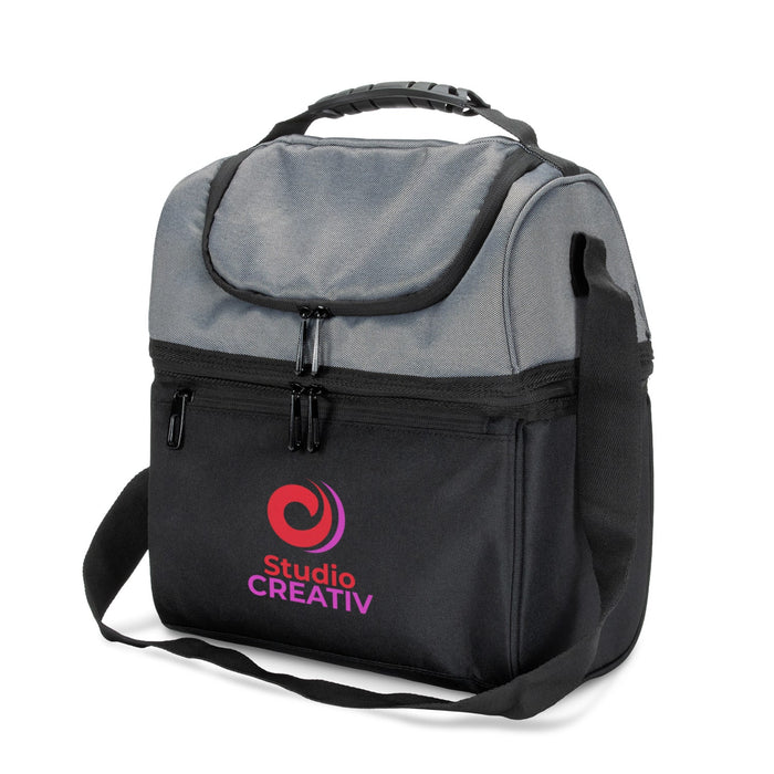 Trades Lunch Cooler Bag - A grey and black cooler bag with a shoulder strap and a logo on the front. It features zippers and a top handle.