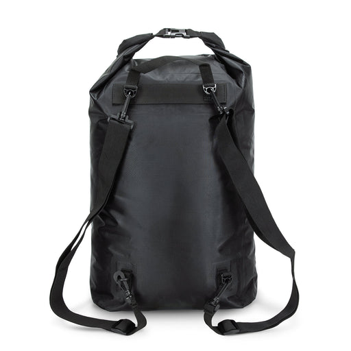 Nevis Dry Bag – 20L - A black 20L dry bag with adjustable straps and a buckle closure, featuring a logo on the surface.