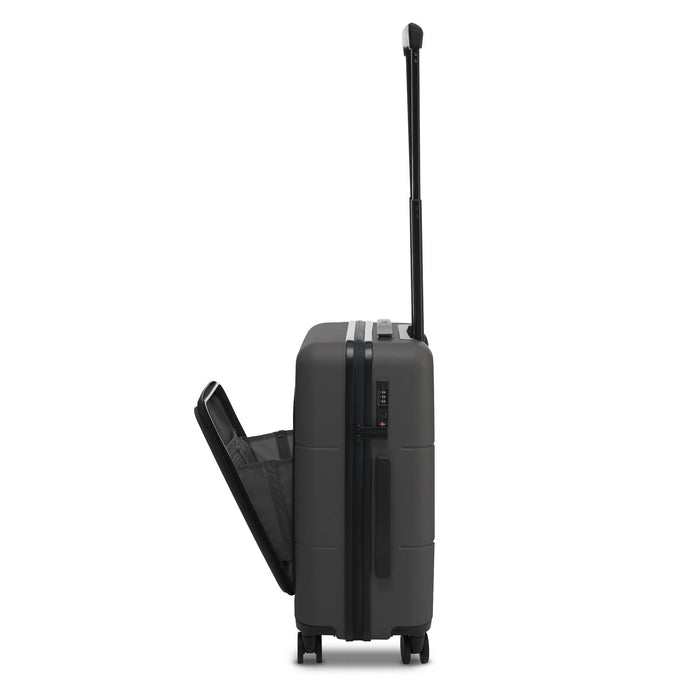 Kadi Carry-On Suitcase - Business - A dark grey carry-on suitcase with a retractable handle and an open compartment showcasing the interior.