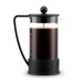 Bodum Brazil French Press 1L - A French press in black and clear glass with a black handle, holding dark brewed coffee. It features a logo on the base.