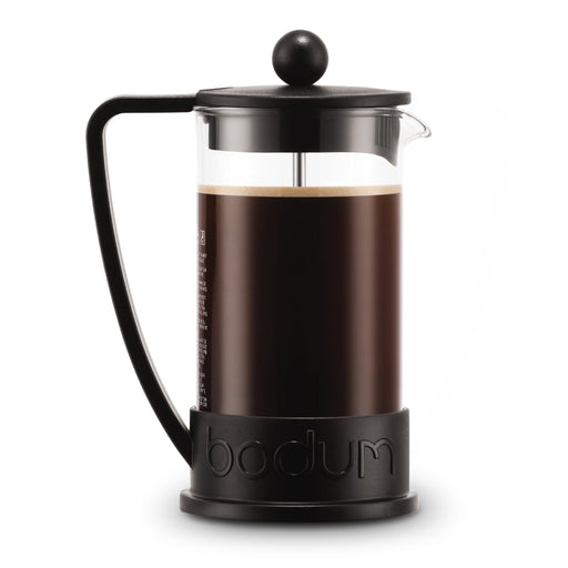 Bodum Brazil French Press 350ml - A French press coffee maker in black with a transparent body, featuring a round handle and a plunger.