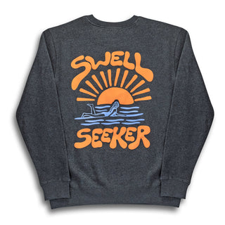 Classic Unisex Sweatshirt – Puff Print - A grey unisex sweatshirt featuring a vibrant orange and blue puff print graphic of a sun, waves, and text.