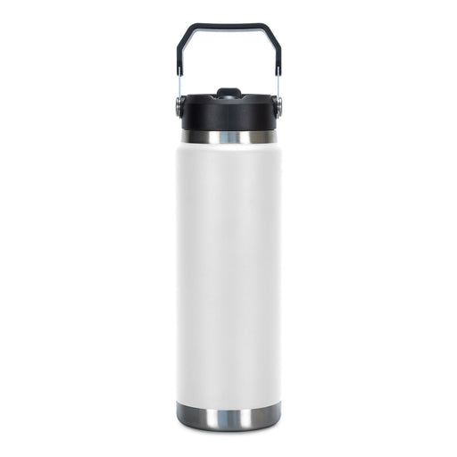 Frontier Hyke Vacuum Bottle - A drink bottle in white with a black lid and handle, featuring a stainless steel base and branding on the body.