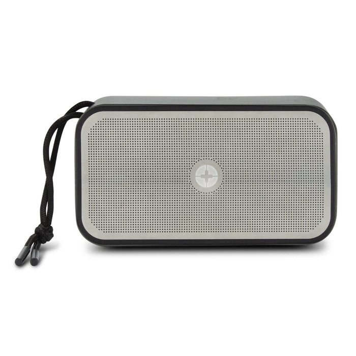 Swiss Peak 10W Bass Speaker - A rectangular grey bass speaker with a mesh front and a black cord attached for easy carrying.
