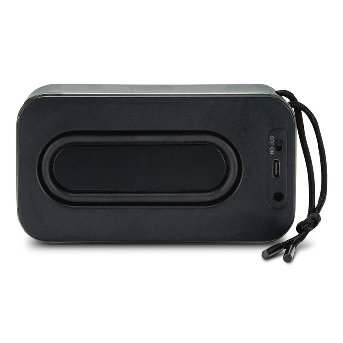Swiss Peak 10W Bass Speaker - A black bass speaker with a smooth surface, featuring a USB port and a cord for easy carrying.
