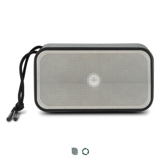 Swiss Peak 10W Bass Speaker - A rectangular grey and silver 10W bass speaker with a textured surface and a detachable strap. It features a logo.