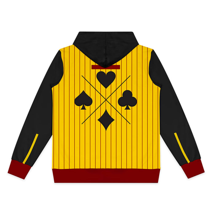 Custom Women's Active Zipped Hoodie - A custom women's active zipped hoodie in yellow with black sleeves, featuring a playful design of playing card symbols.