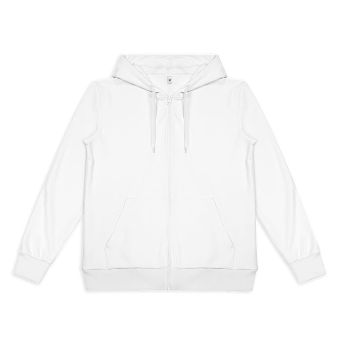 Custom Women's Active Zipped Hoodie - A white zipped hoodie with a hood, front pockets, and drawstring, featuring a logo on the label.