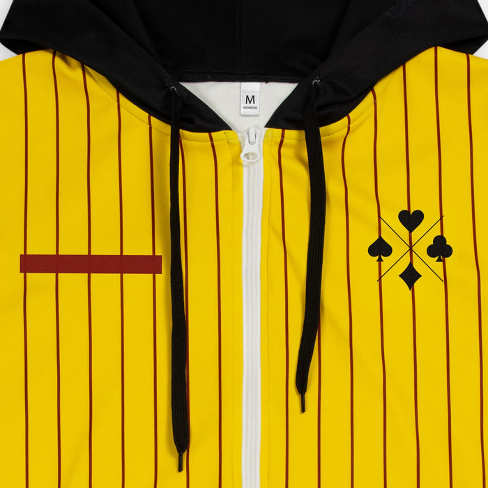 Custom Women's Active Zipped Hoodie - A yellow and black zipped hoodie featuring vertical stripes, a logo, and a contrasting red stripe.