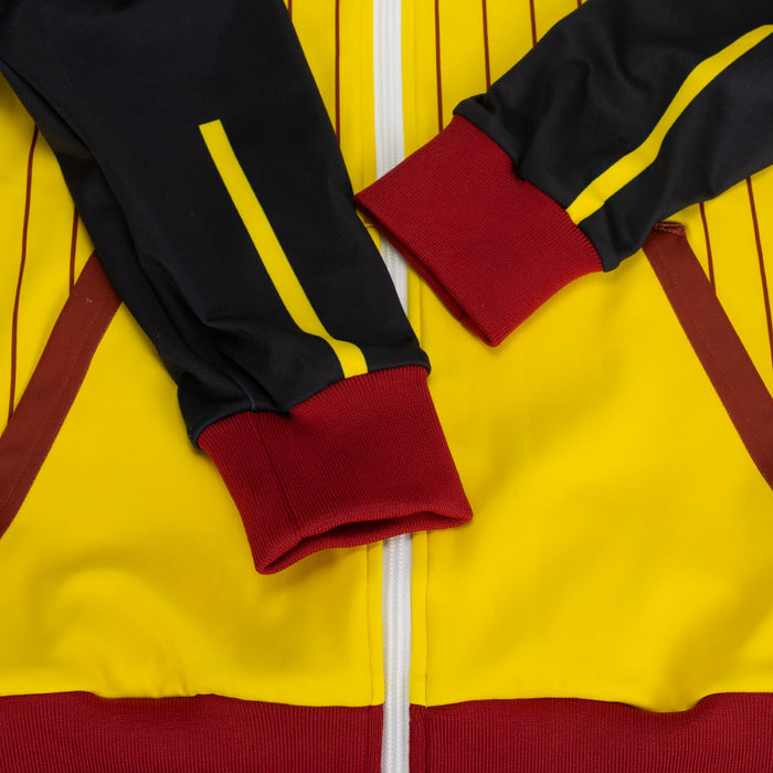 Custom Women's Active Zipped Hoodie - A custom women's active zipped hoodie in yellow, black, and red with contrasting stripes and a logo.