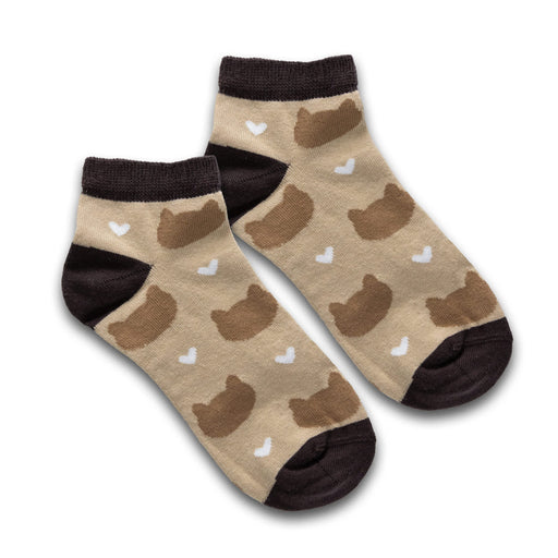 Pixel Knitted Ankle Socks - Pixel Knitted Ankle Socks in beige and brown, featuring bear patterns and white hearts, with dark brown cuffs.