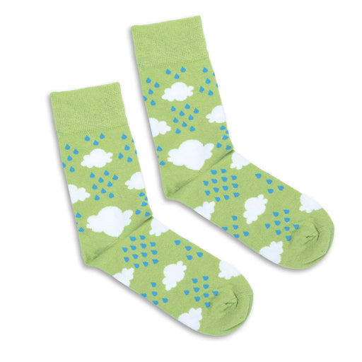 Pixel Knitted Business Socks - A pair of green business socks featuring a pattern of white clouds and blue raindrops, with a logo on one sock.
