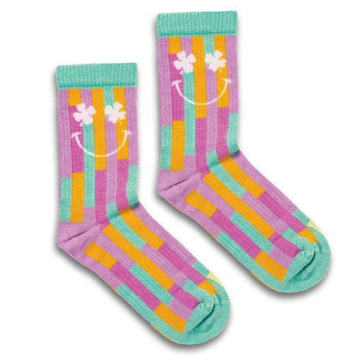 Pixel Knitted Bamboo Socks - Colourful knitted bamboo socks in purple, turquoise, orange, and yellow with a smiley face and floral design.