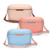 Daisy Cooler - A cooler with a rounded design in pastel pink, peach, and blue, featuring a removable shoulder strap and branding.