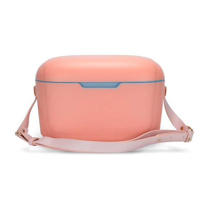Daisy Cooler - A drink cooler in soft pink with a contrasting blue latch and a detachable light pink strap.