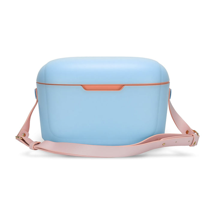 Daisy Cooler - A drink cooler in soft blue with a pink strap, featuring a sleek design and an integrated handle.
