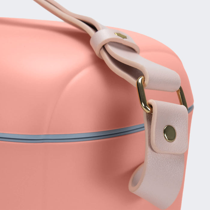 Daisy Cooler - A peach cooler bag with a light pink shoulder strap and a blue zip. It features a branded logo on the side.