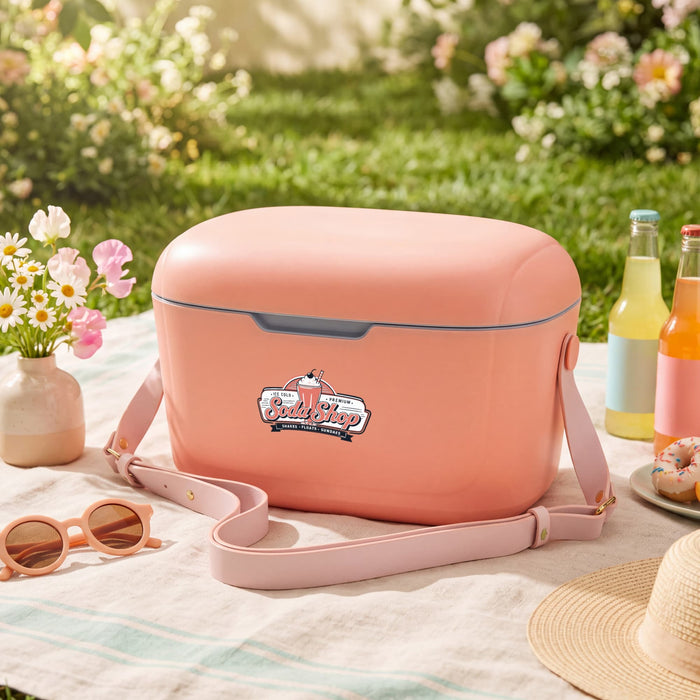Daisy Cooler - A pink cooler with a logo, surrounded by flowers, drinks, and sunglasses on a picnic blanket.