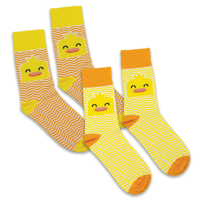 Pixel Knitted Business Socks - Set of 2 - A set of two pairs of brightly coloured socks featuring smiling duck designs in yellow and orange tones.
