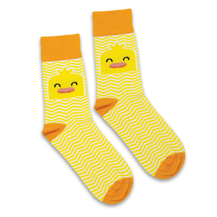 Pixel Knitted Business Socks - Set of 2 - A pair of yellow knitted socks featuring a playful duck design with an orange band and zigzag pattern.