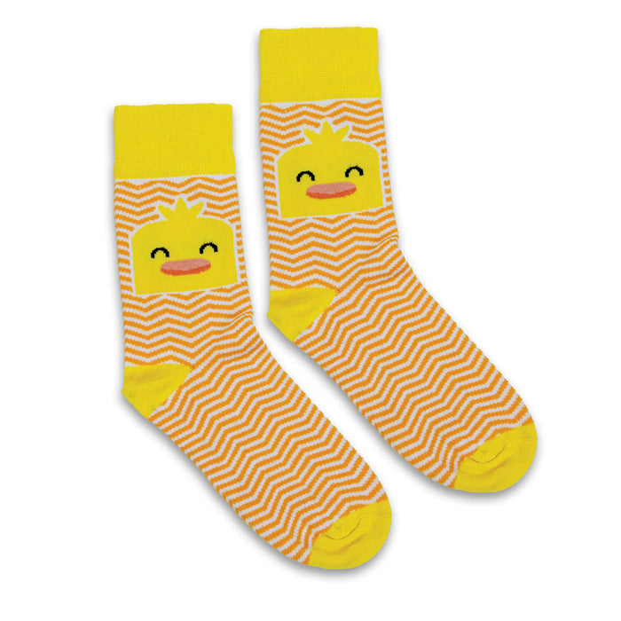 Pixel Knitted Business Socks - Set of 2 - A pair of yellow and orange knitted socks featuring a smiling duck design with a zigzag pattern.