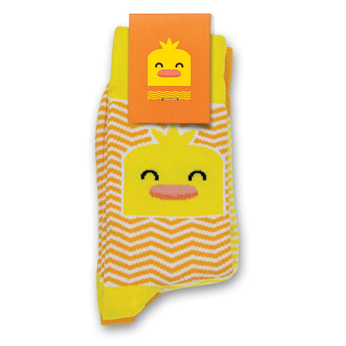 Pixel Knitted Business Socks - Set of 2 - A set of two yellow knitted socks with a smiling duck design and a zigzag pattern. Includes a tag with a duck logo.