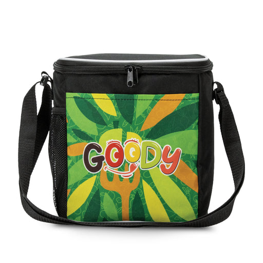 Franz Lunch Cooler Bag - A black lunch cooler bag with vibrant green and orange graphics, featuring a logo on the front and a shoulder strap.