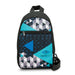 Callum Crossbody Bag - A crossbody bag featuring a geometric pattern in black, blue, and grey, with a logo on the front.
