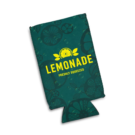 Cancun Slim Can Cooler - A drink cooler featuring a dark green design with lemon graphics and a logo, designed for slim cans.