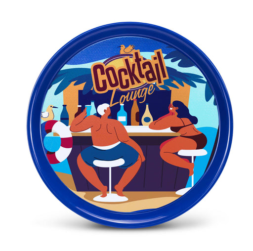 Tavern Serving Tray - A round blue serving tray featuring a tropical bar scene with two seated figures and various drink bottles.