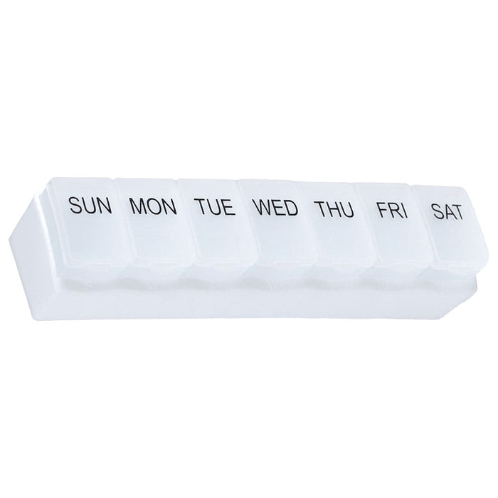 Weekly Pill Organiser - A weekly pill organiser in transparent plastic with sections for each day, labelled from Sunday to Saturday.