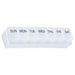 Weekly Pill Organiser - A weekly pill organiser in transparent plastic with sections for each day, labelled from Sunday to Saturday.