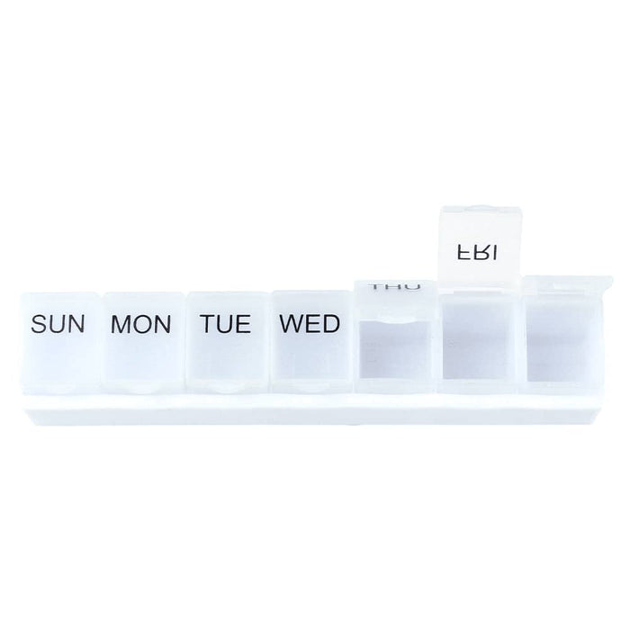 Weekly Pill Organiser - A weekly pill organiser in clear plastic with compartments labelled for each day of the week.