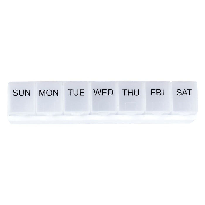 Weekly Pill Organiser - A white weekly pill organiser with compartments labelled for each day of the week. It features a simple branding logo.