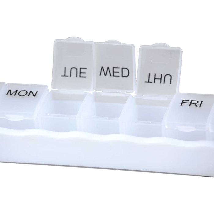 Weekly Pill Organiser - A white weekly pill organiser with clear compartments for each day of the week, featuring lids for easy access.