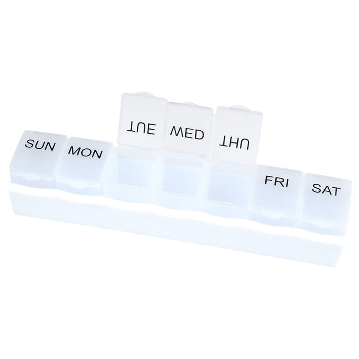 Weekly Pill Organiser - A white weekly pill organiser featuring compartments for each day of the week, with a brand logo.