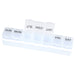 Weekly Pill Organiser - A white weekly pill organiser featuring compartments for each day of the week, with a brand logo.