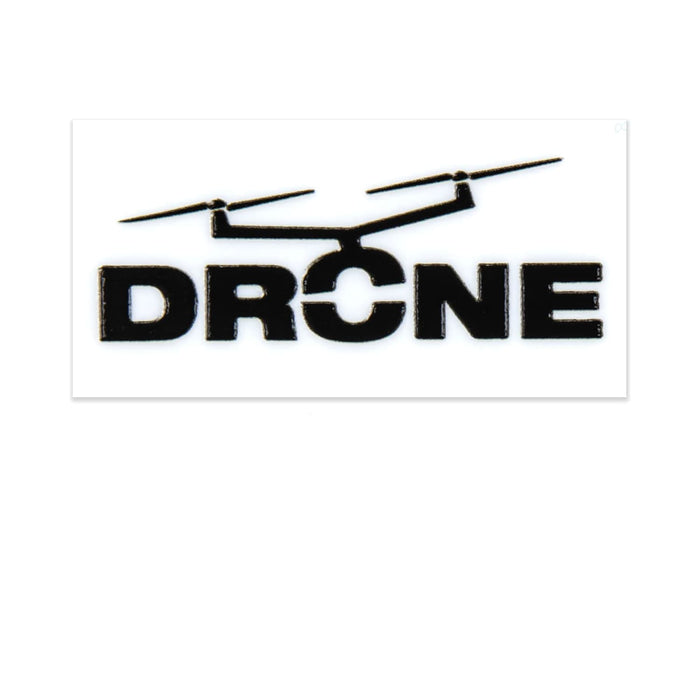 Prism Print - 40 x 20mm Sticker - A black and white sticker featuring the word "DRONE" with a drone graphic above it.