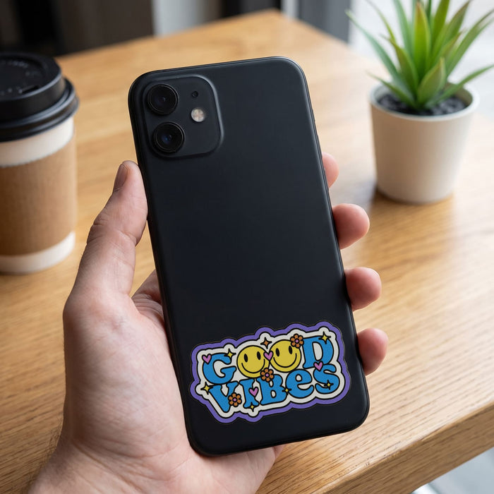 Prism Print - 60 x 40mm Sticker - A hand holds a black phone with a colourful "Good Vibes" sticker on its back, placed on a wooden table.