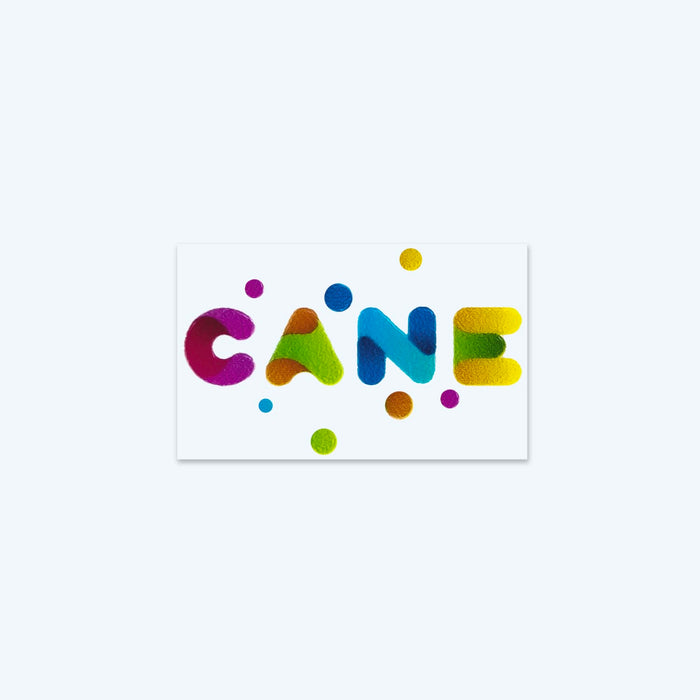Prism Print - 78 x 48mm Sticker - A colourful sticker featuring textured letters spelling "CANE" in vibrant pink, blue, green, and yellow.