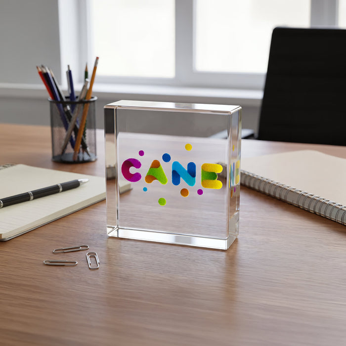 Prism Print - 78 x 48mm Sticker - A clear acrylic block with colourful letters and dots, placed on a wooden desk alongside pens, notepads, and paperclips.