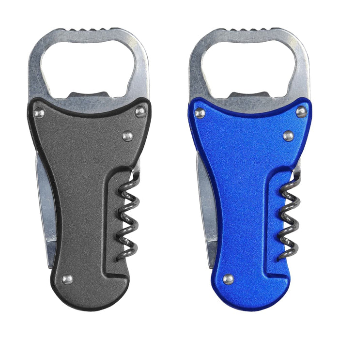Multi-Tool Bottle Opener - A drink bottle opener multi-tool in black and blue, featuring a corkscrew and a bottle opener design.