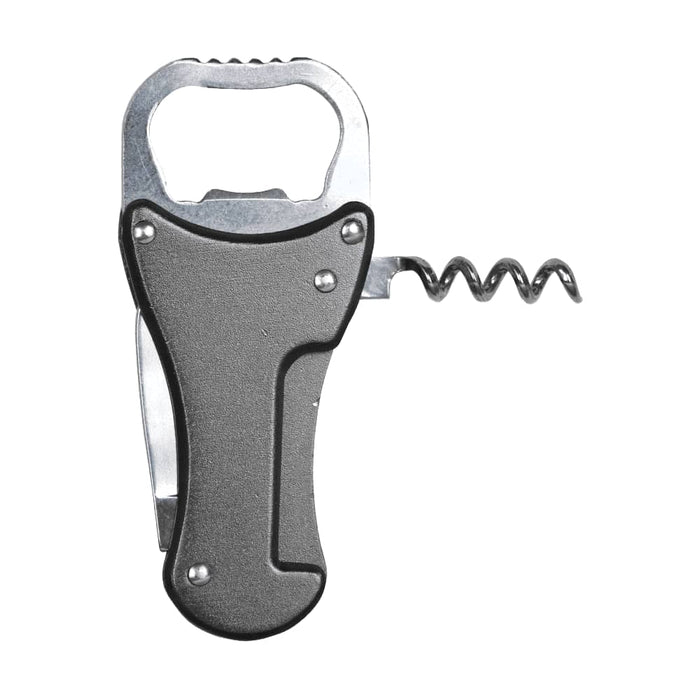 Multi-Tool Bottle Opener - A drink bottle opener in metallic silver and black, featuring a bottle opener and a corkscrew. The product has a logo.